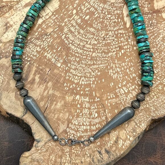 NATIVE AMERICAN Sterling Silver & Hubei Turquoise Beaded Heishi Necklace 23.5" - Picture 3 of 4